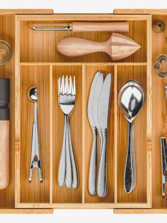Other - Bamboo Expandable Drawer Organizer, 5-7 Slots Kitchen Drawer Organizer, Adjustab